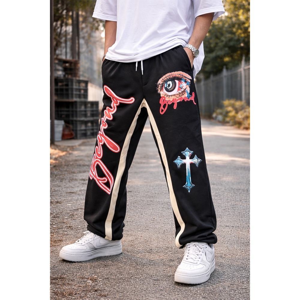 ROMWE Black Graphic Print Flared Track Pants Size L